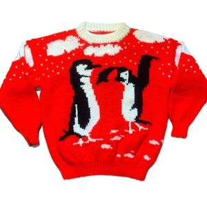 Vintage Handmade Red Penguin Knit Sweater